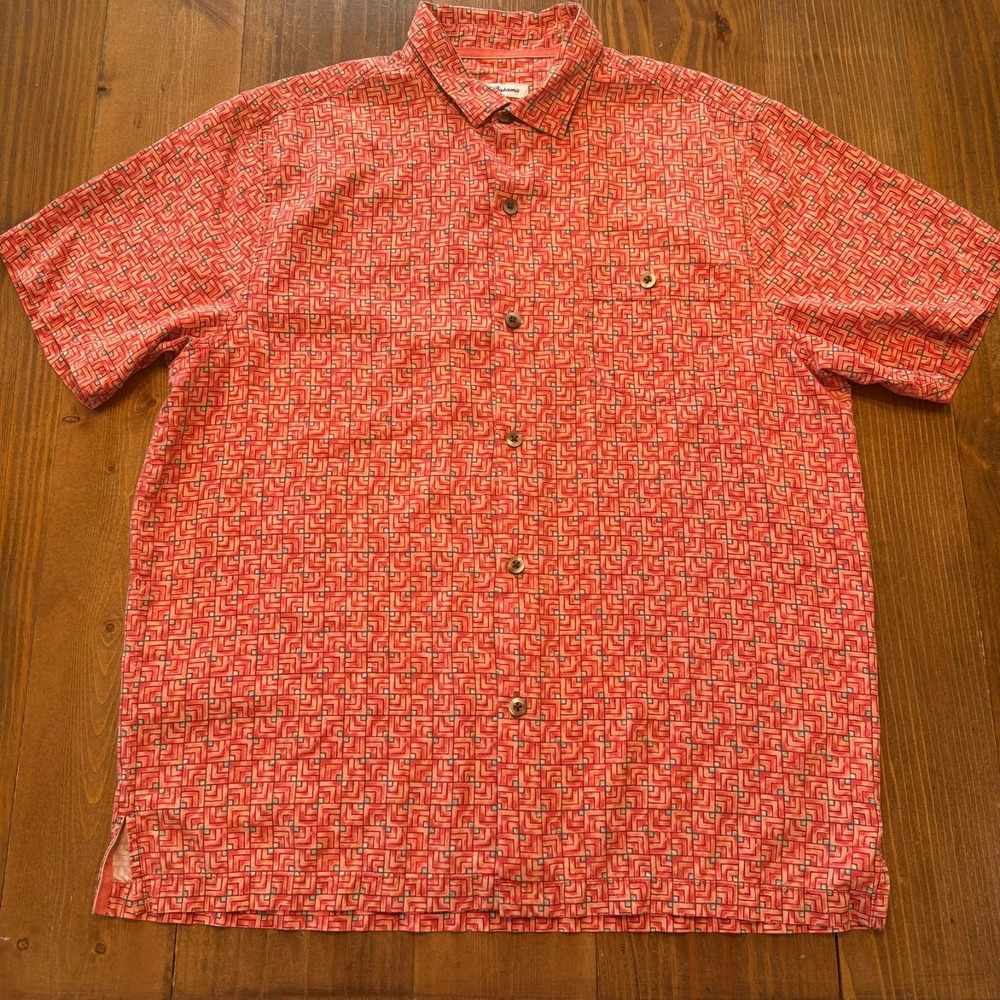 Tommy Bahama 100% Silk Button Up Shirt Mens Large Pink Geometric Print